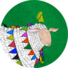 label, verjaardagsschaap geel hoedje
